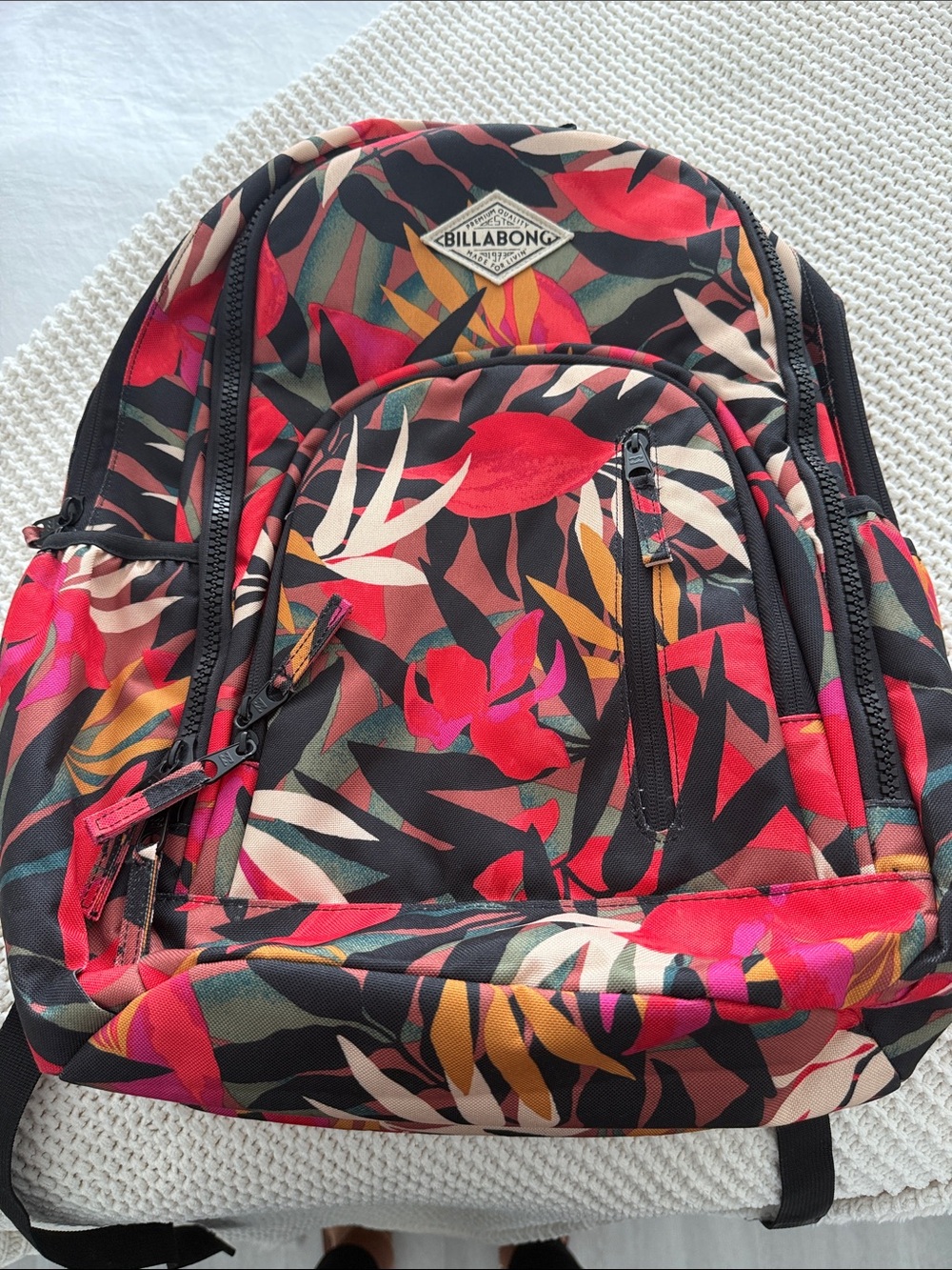 Billabong Black Floral Backpack with Red and Pink Accents